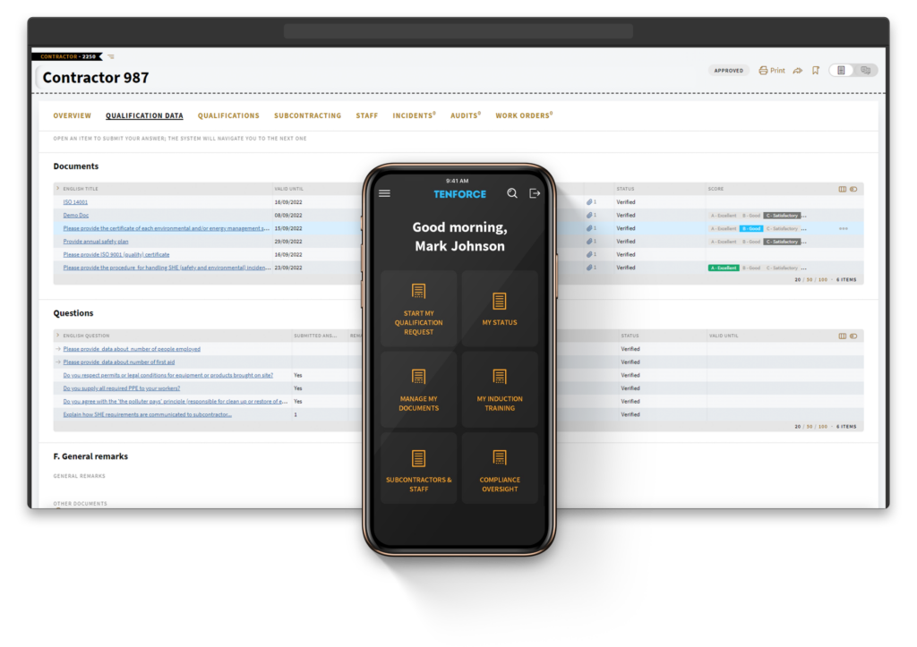 Desktop and mobile view of TenForce Contractor Management tool, showing how to manage contractors effectively.