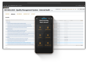 A mockup of audits and observations software displayed on desktop and a mobile.