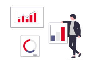 A man standing beside a series of charts including a donut chart, a bar graph and line chart.