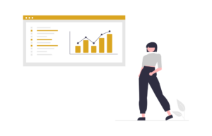 Illustration of a woman standing next to a white board with a line graph and bar chart.