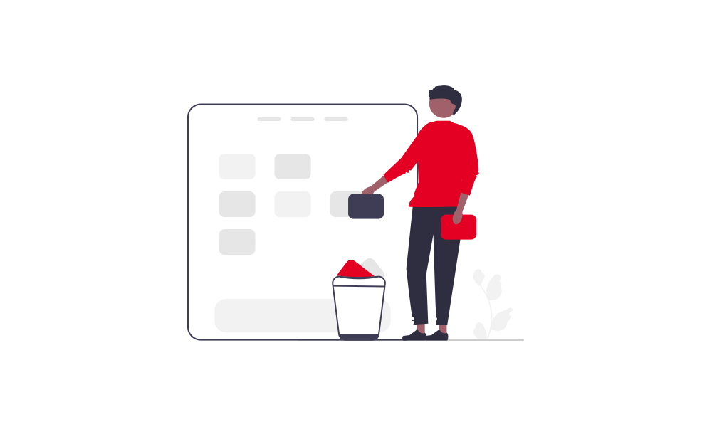 Illustration of a person standing beside a giant screen, throwing blocks into a bin.