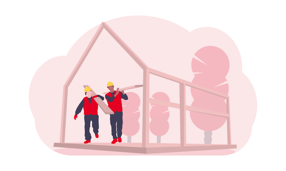 Illustration of two builders and a half constructed house.