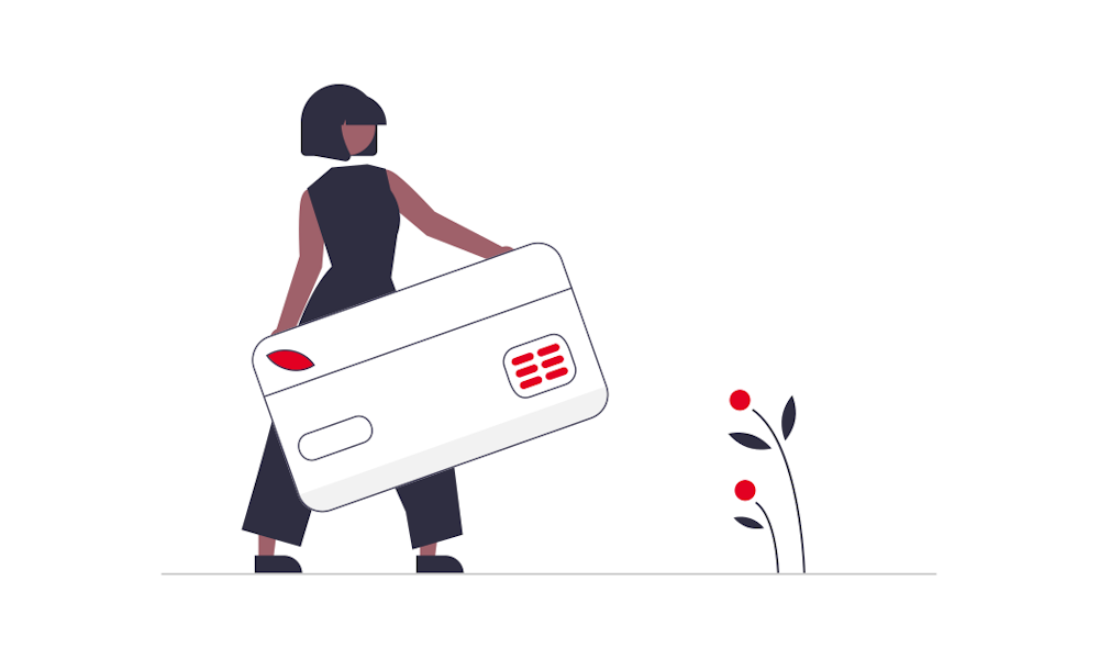 Illustration of a woman carrying an oversized credit card.