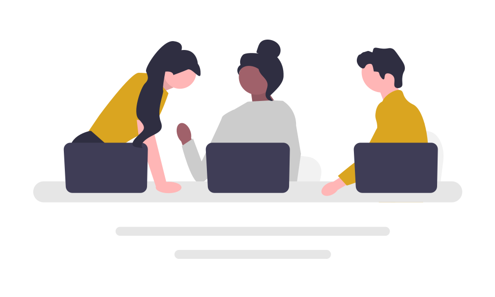 Illustration of two women and a man sitting behind laptops, in discussion