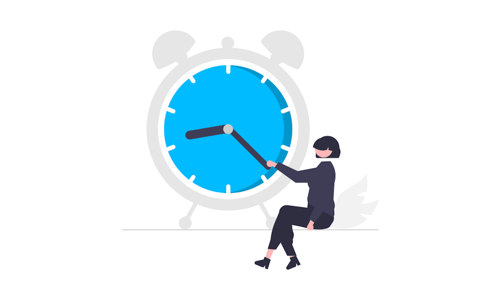 Illustration of a woman sitting beside a giant alarm clock.