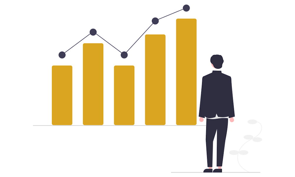 Illustration of a bar chart showing an upward trend with a man standing beside it.