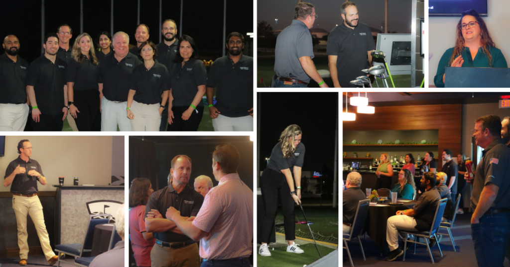 Collage of business men and women networking and playing golf at a business event.